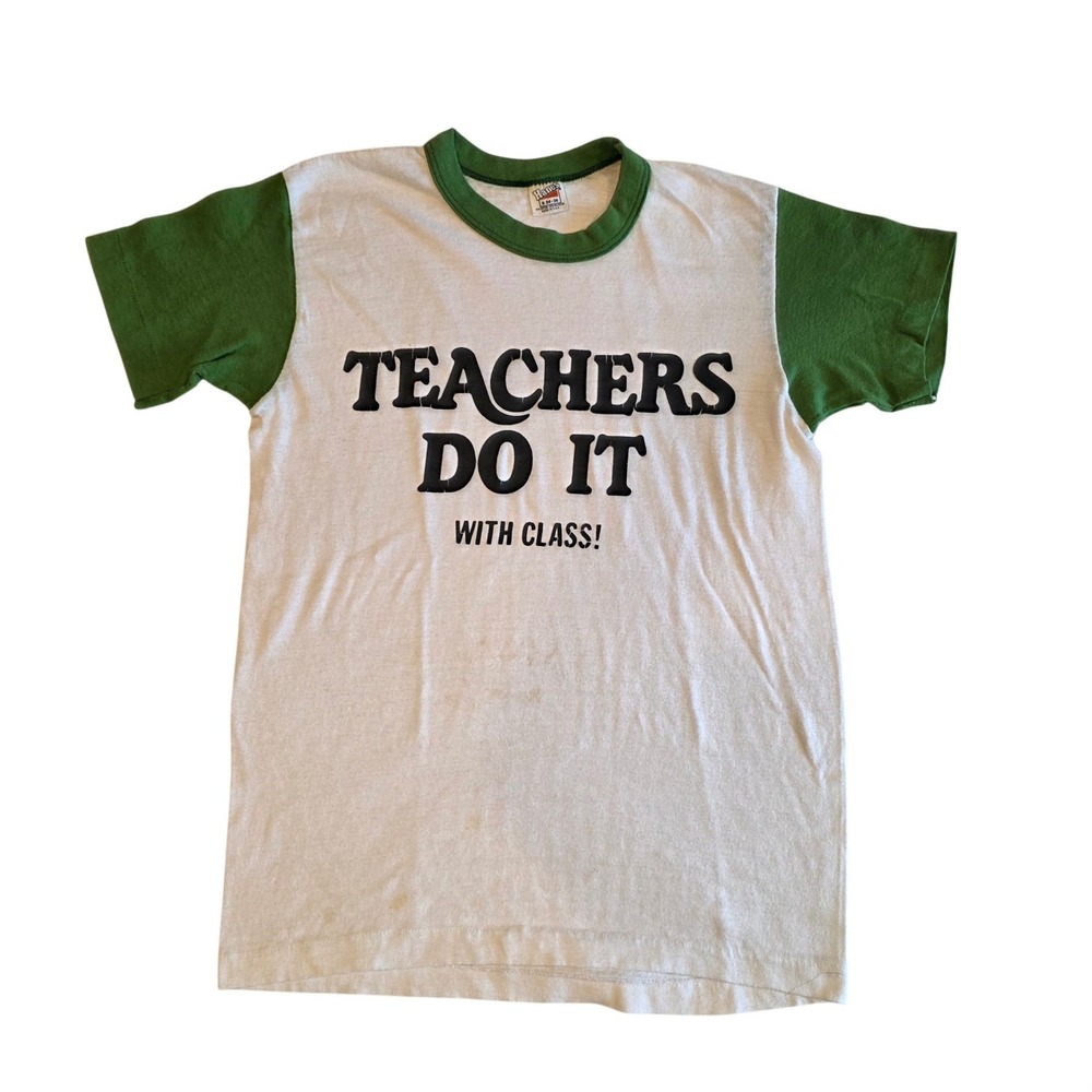 Vintage 70s Hanes Orange Tag Ringer T-Shirt Small Teachers Do It With Class USA